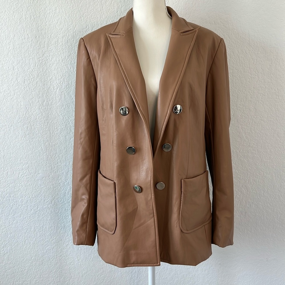 Anne Klein Womens Faux Leather Open Front Double-Breasted Jacket